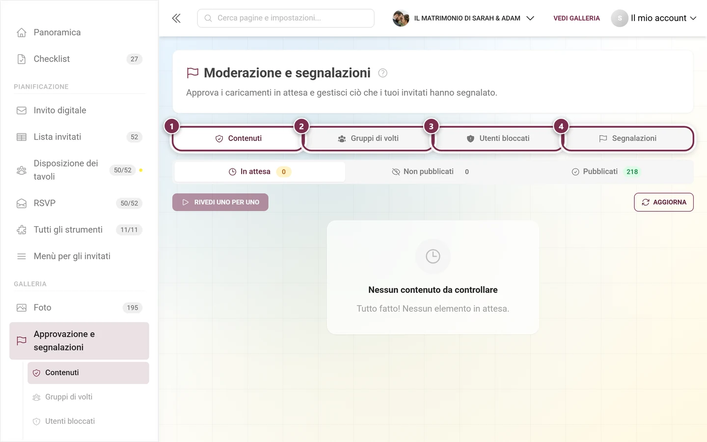Barra delle schede della pagina di moderazione con le quattro schede evidenziate