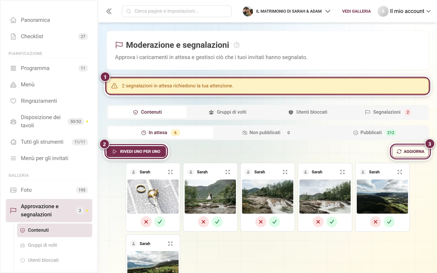 Parte superiore della pagina di moderazione con banner di avviso giallo, riga delle schede, schede di stato e barra degli strumenti