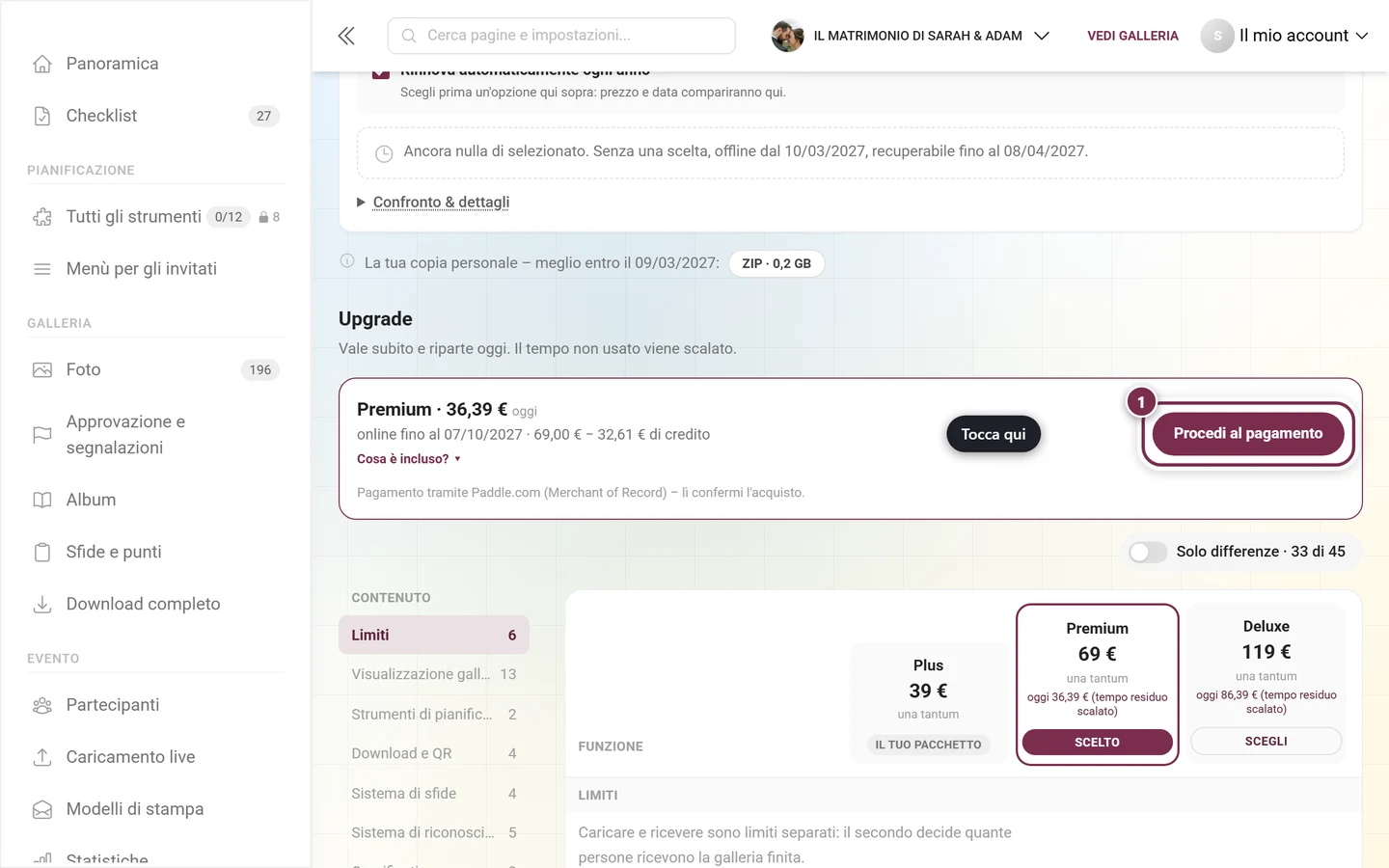 Barra di acquisto sotto la tabella di confronto con pacchetto, importo di oggi e il pulsante evidenziato Procedi al pagamento
