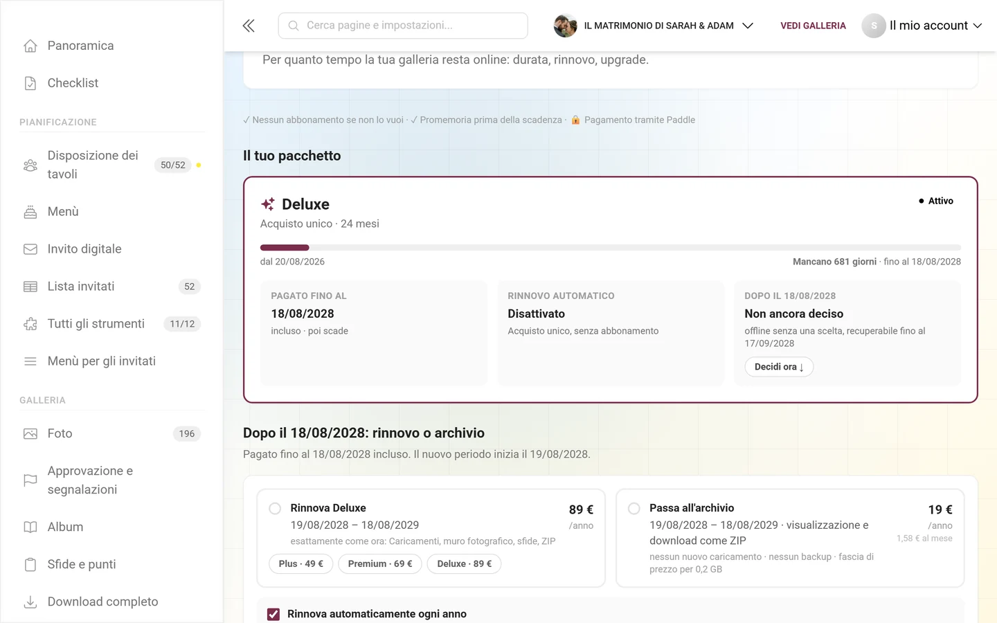 Scheda Il tuo pacchetto con nome del pacchetto, pillola Attivo, barra della durata e i riquadri Pagato fino al, Rinnovo automatico e Dopo la data di scadenza