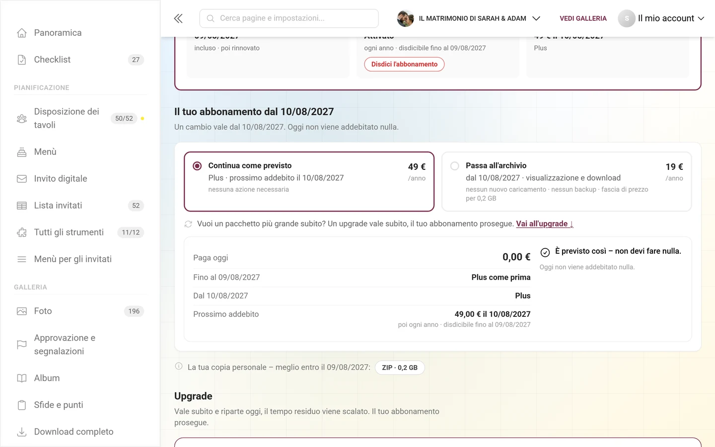 Blocco Il tuo abbonamento dal data con i riquadri Continua come previsto e Archivio