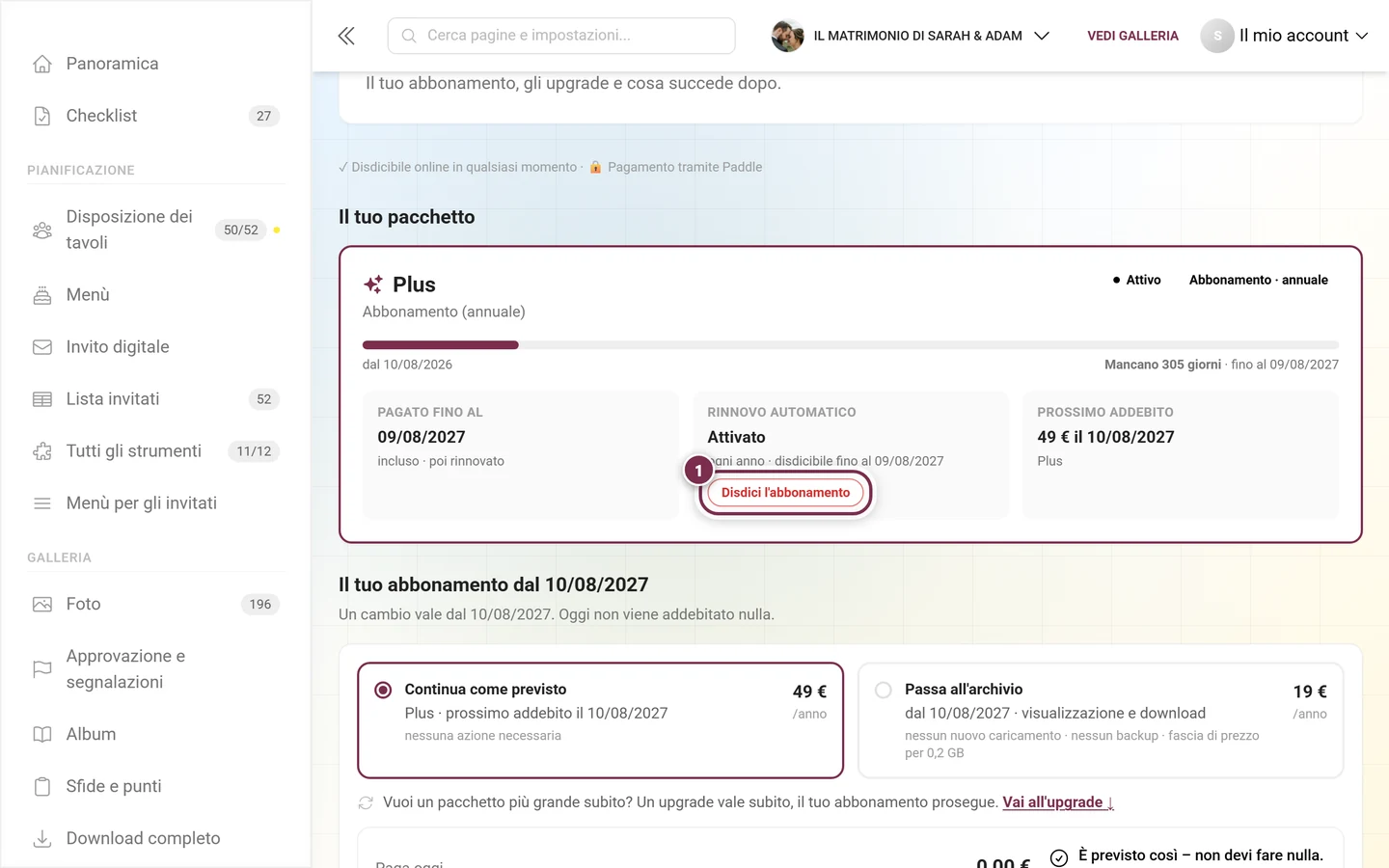 Scheda Il tuo pacchetto con le pillole Attivo e Abbonamento · annuale, i riquadri Rinnovo automatico Attivato e Prossimo addebito e il pulsante Disdici l'abbonamento