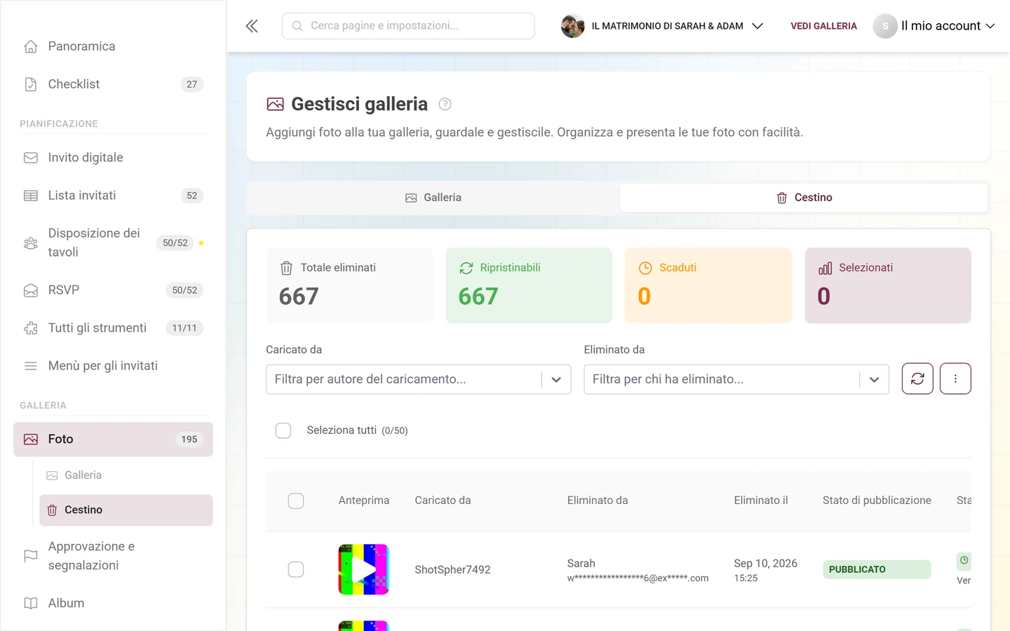 Vista del cestino nell'area admin con riquadri statistici ed elenco delle foto eliminate