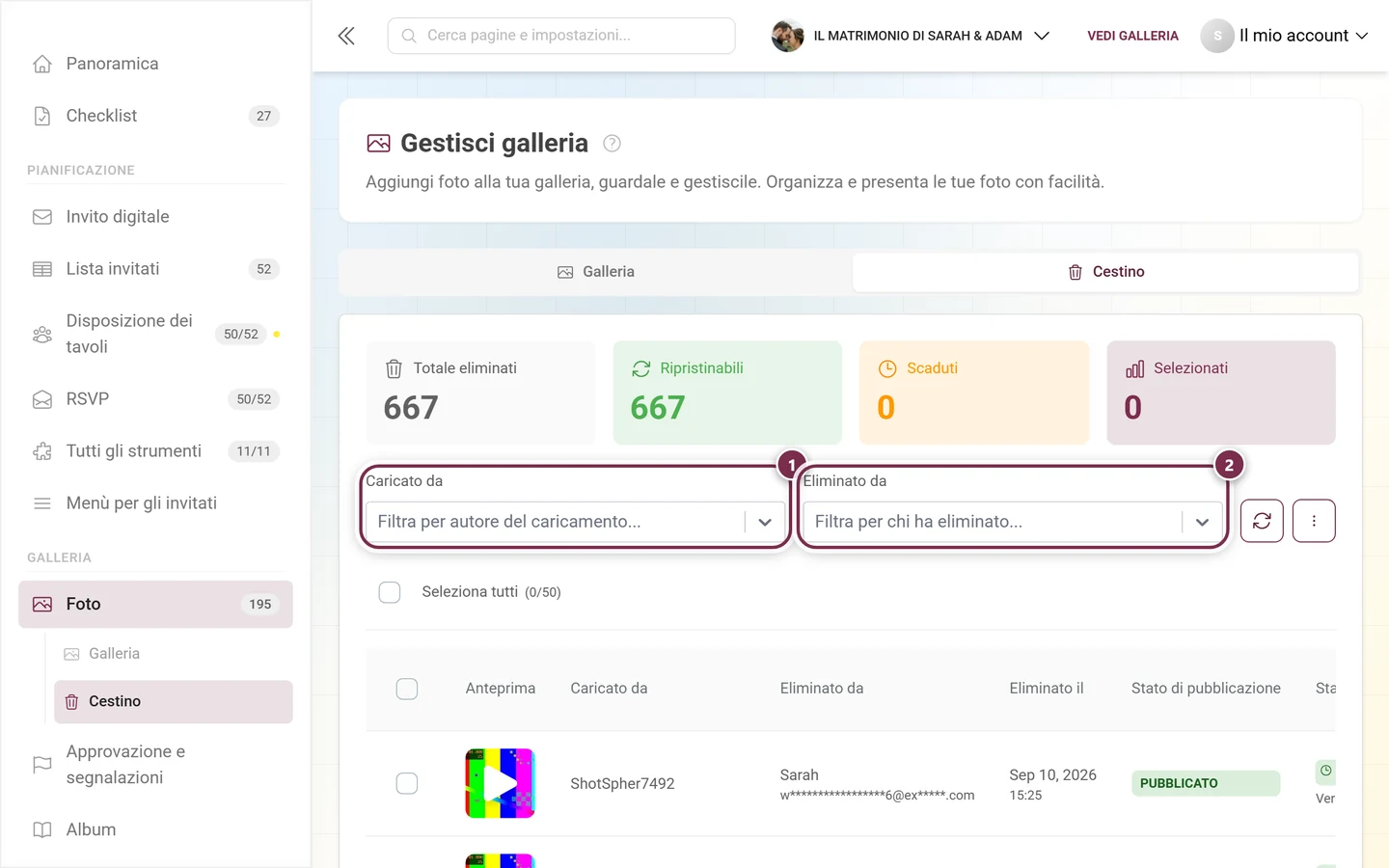 I due filtri per persona del cestino, con Caricato da ed Eliminato da evidenziati