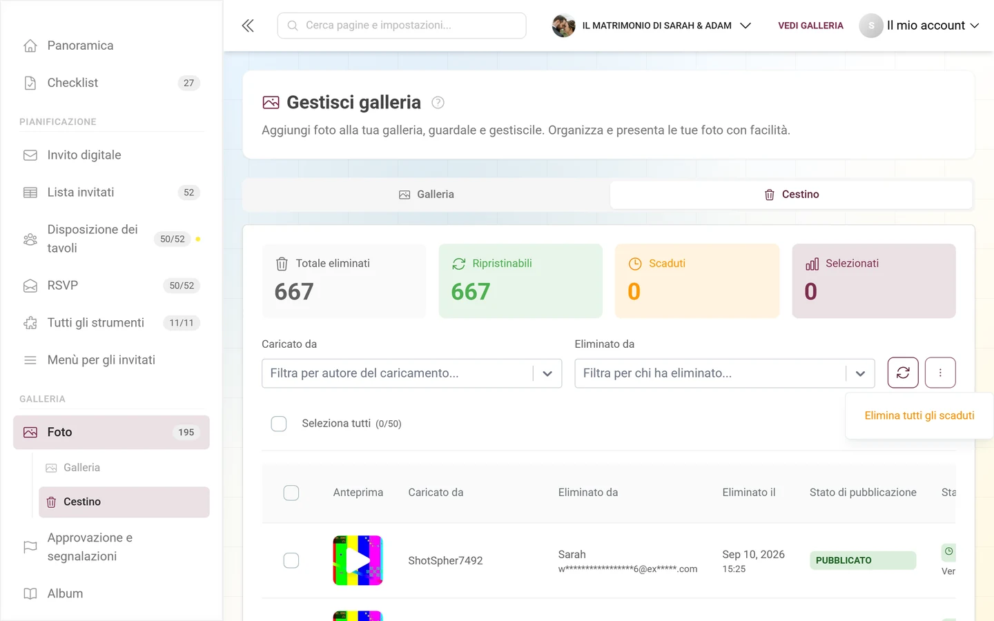 Menu a tre puntini aperto nel cestino con la voce Elimina tutti gli scaduti