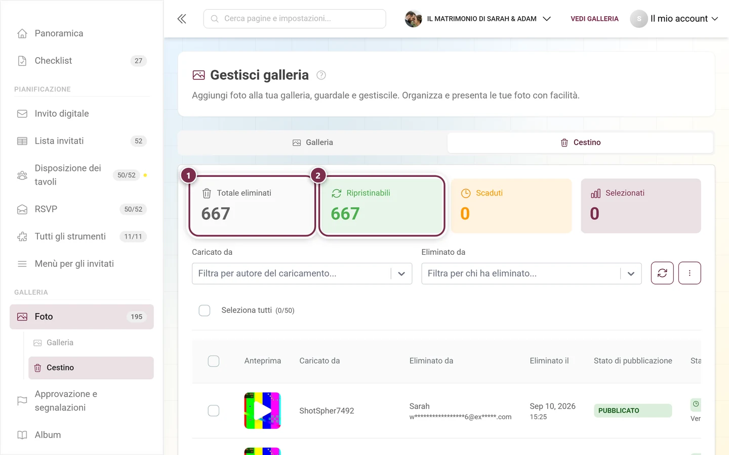 Riquadri delle statistiche del cestino, con Totale eliminati e Ripristinabili evidenziati