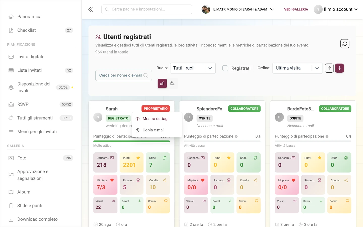 Menù contestuale aperto di una scheda partecipante con le voci per il blocco