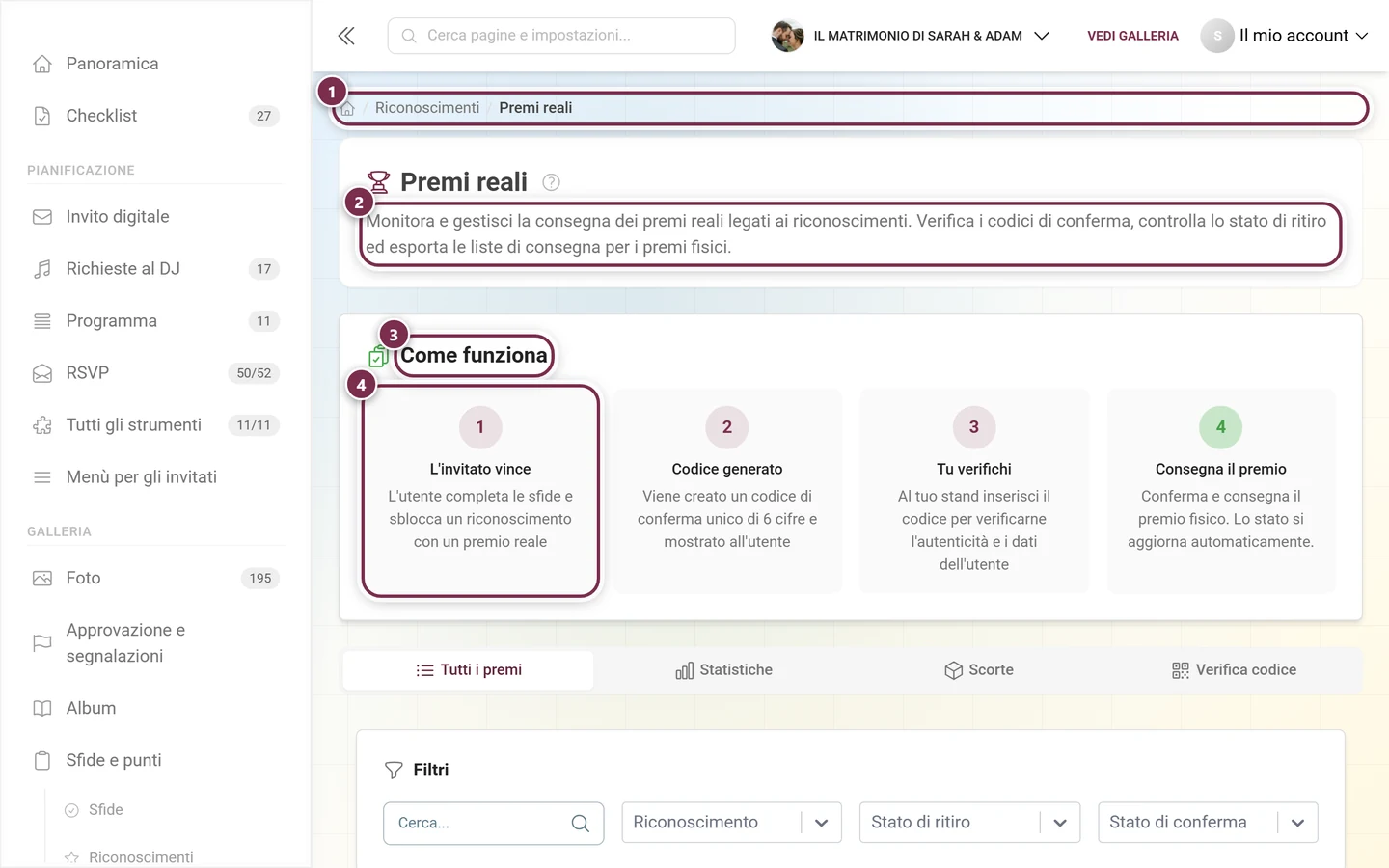 Pagina Premi reali con briciole di pane, intestazione, scheda esplicativa e primo passaggio evidenziati