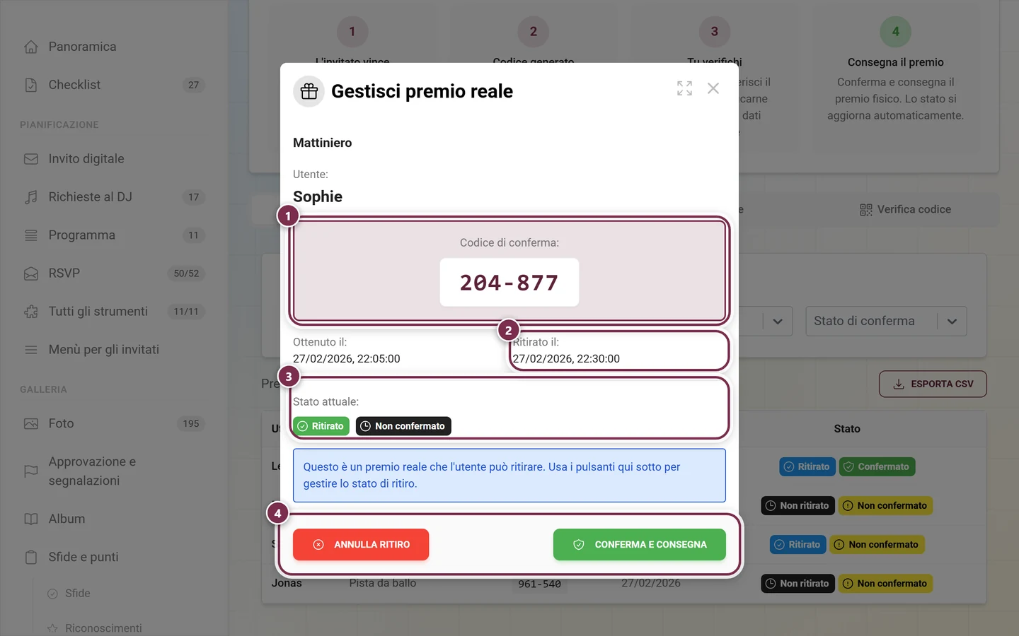 Finestra Gestisci premio reale con codice, data di ritiro, chip di stato e i due pulsanti evidenziati