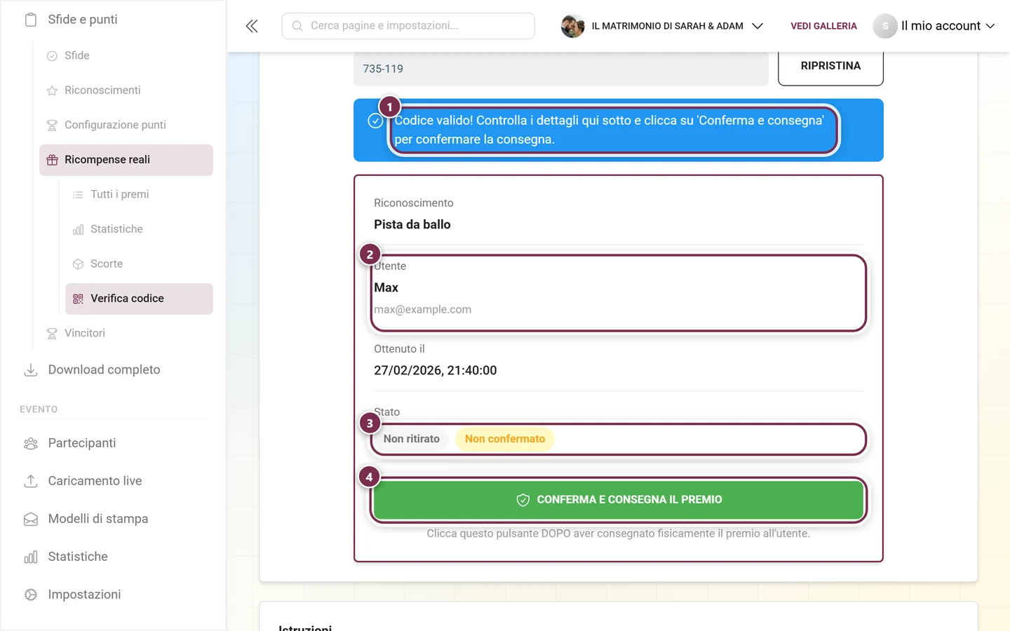 Scheda Verifica codice dopo una verifica riuscita con messaggio, scheda di dettaglio, chip di stato e pulsante verde