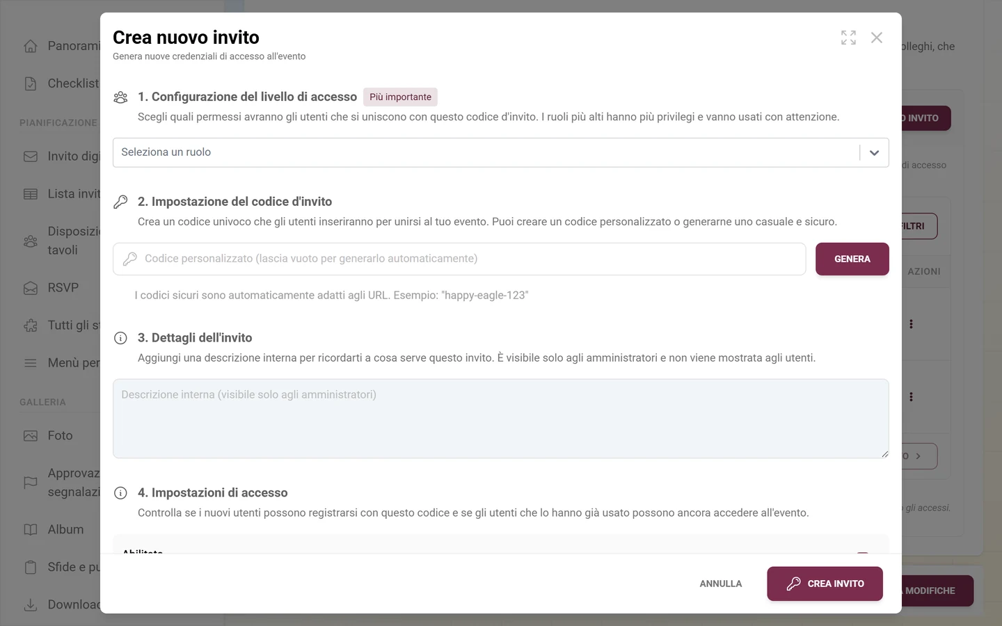 Finestra per creare un invito con selezione del ruolo e codice d'invito