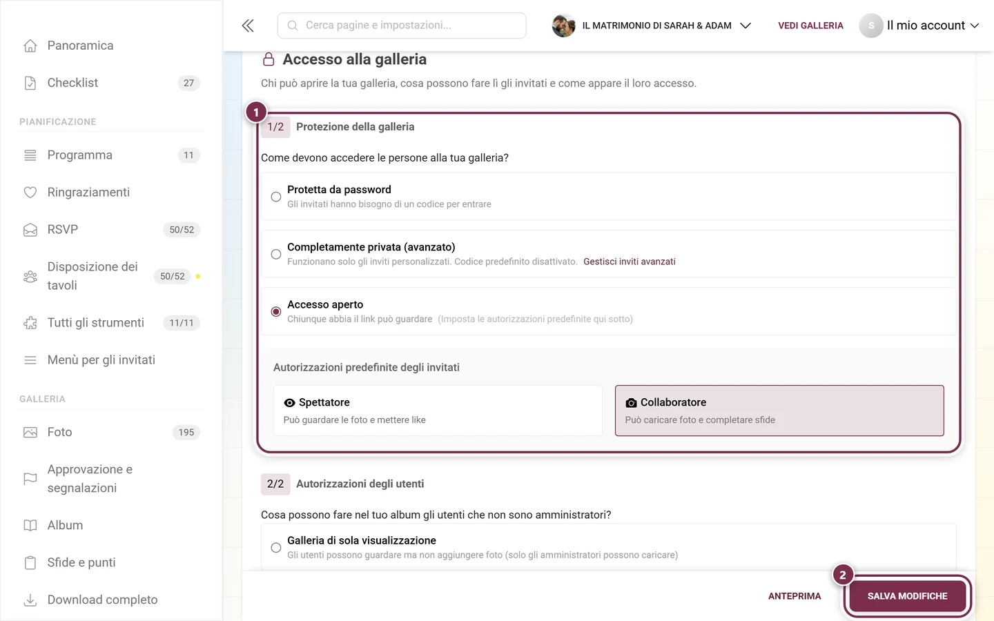 Sezione Protezione della galleria nella scheda Accesso con evidenziazione e barra di salvataggio