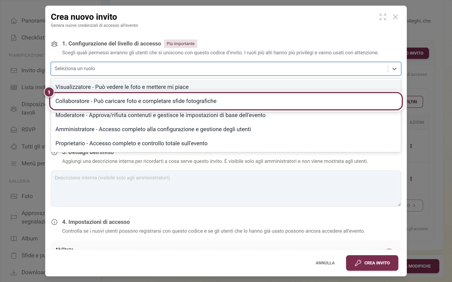 Selezione del ruolo aperta nella finestra dell'invito con la voce Collaboratore evidenziata