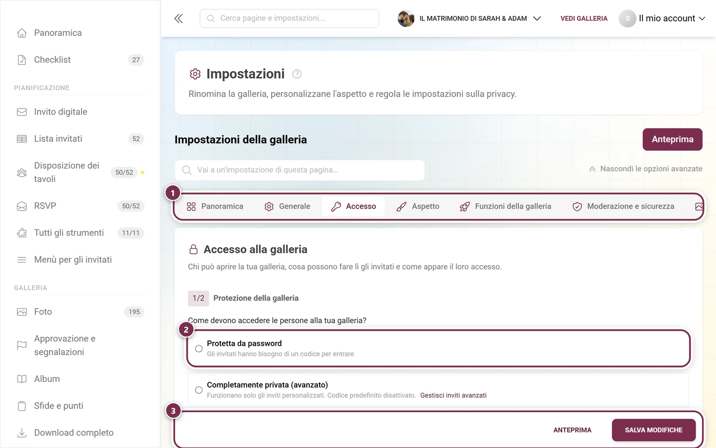 La scheda Accesso delle impostazioni della galleria con protezione della galleria, autorizzazioni degli utenti e codici d'invito
