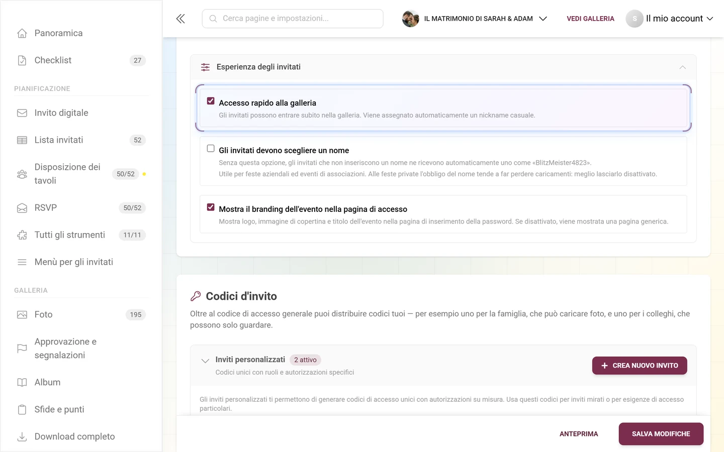 Sezione richiudibile Esperienza degli invitati aperta con le caselle Accesso rapido alla galleria, Gli invitati devono scegliere un nome e Mostra il branding dell'evento nella pagina di accesso