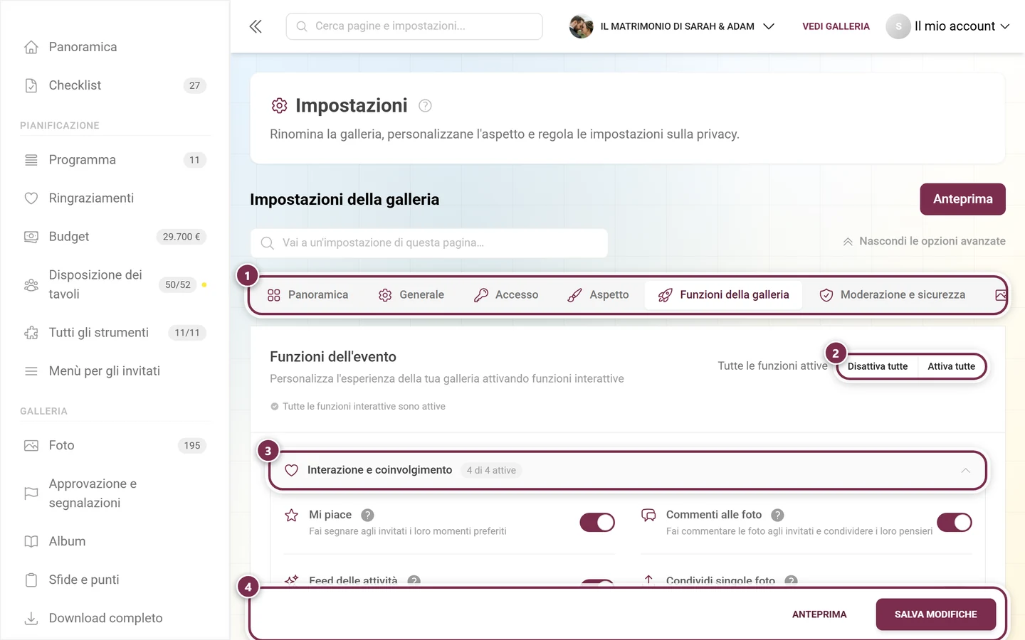 La scheda Funzioni della galleria con sezioni a fisarmonica e interruttori per like, commenti, download e altro