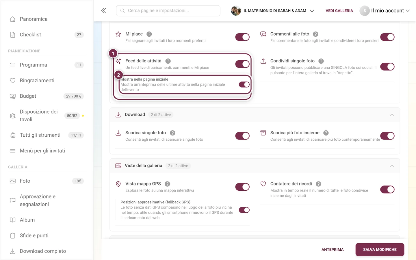 Scheda Feed delle attività con il suo interruttore e il sotto-interruttore Mostra nella pagina iniziale