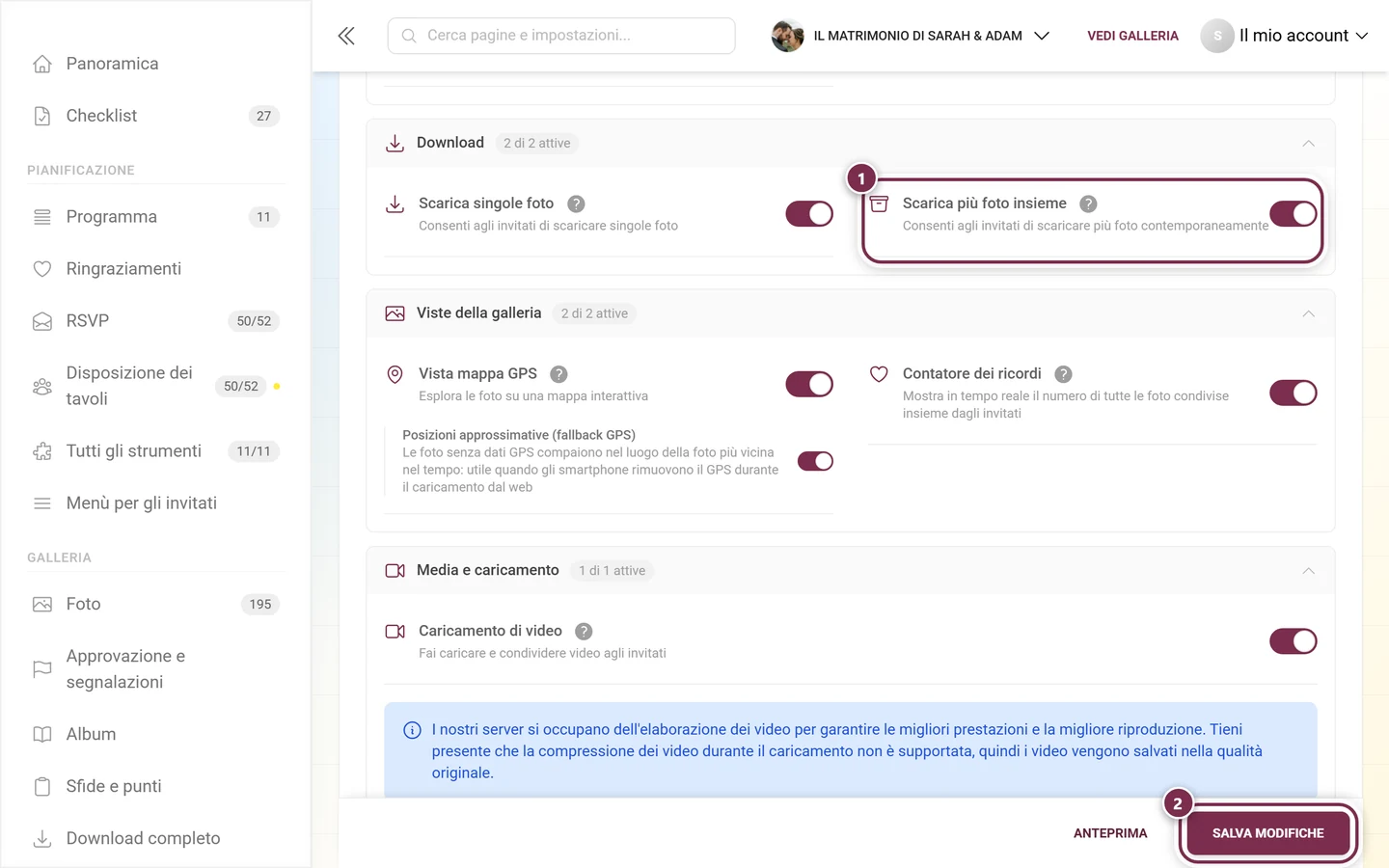 Scheda funzione per il download multiplo con interruttore evidenziato e barra di salvataggio