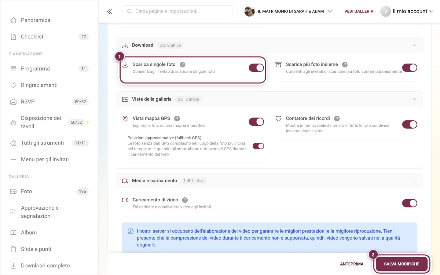 Impostazioni: Funzioni con l'interruttore evidenziato Scarica singole foto