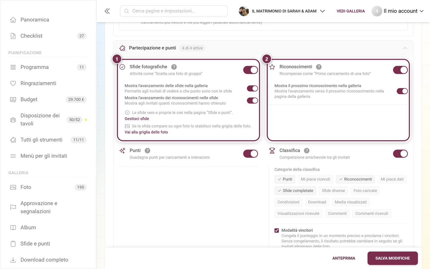 Sezione Partecipazione e punti con sfide fotografiche, riconoscimenti, punti e classifica
