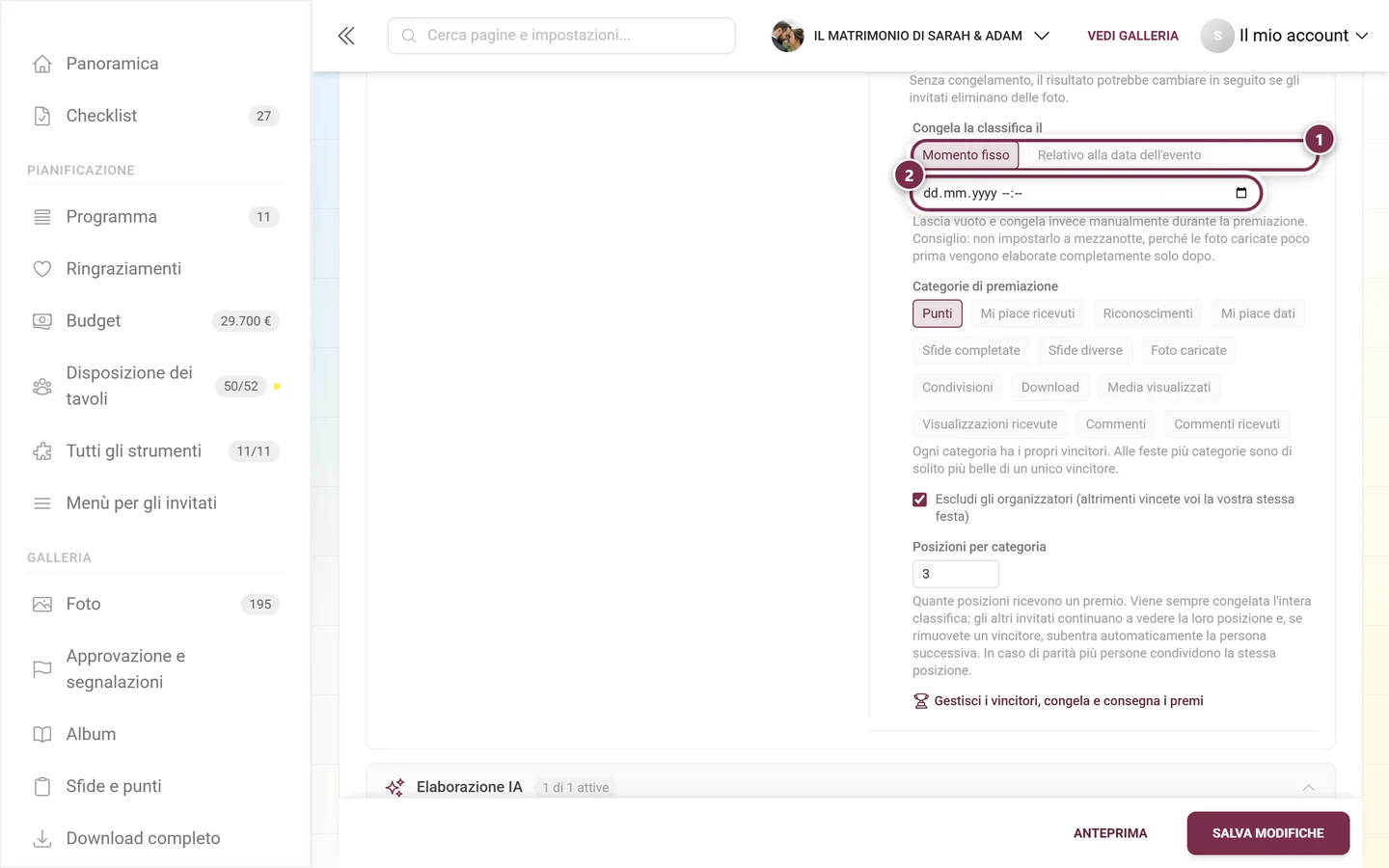 Le due modalità Momento fisso e Relativo alla data dell'evento con il campo data sotto