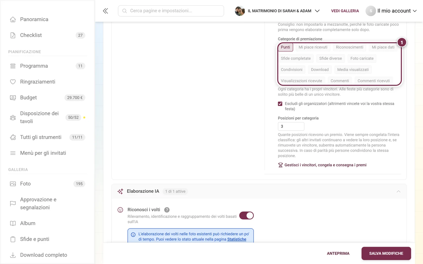 Le tredici categorie di premiazione come chip, Punti è selezionato, diversi sono in grigio