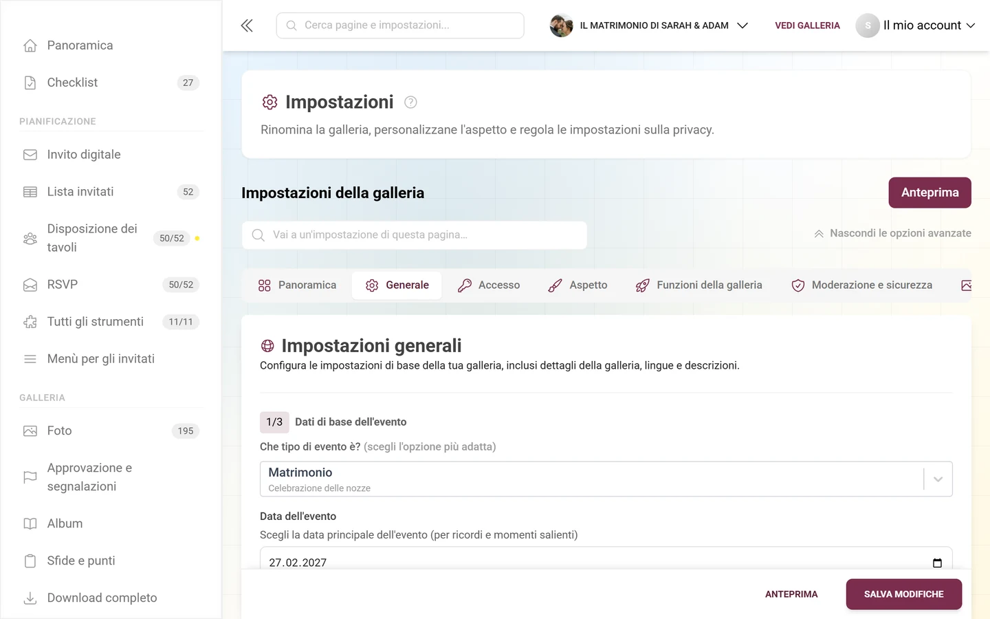 La scheda Generale delle impostazioni della galleria con le sezioni Dati di base dell'evento, Impostazioni della lingua e Contenuto della galleria