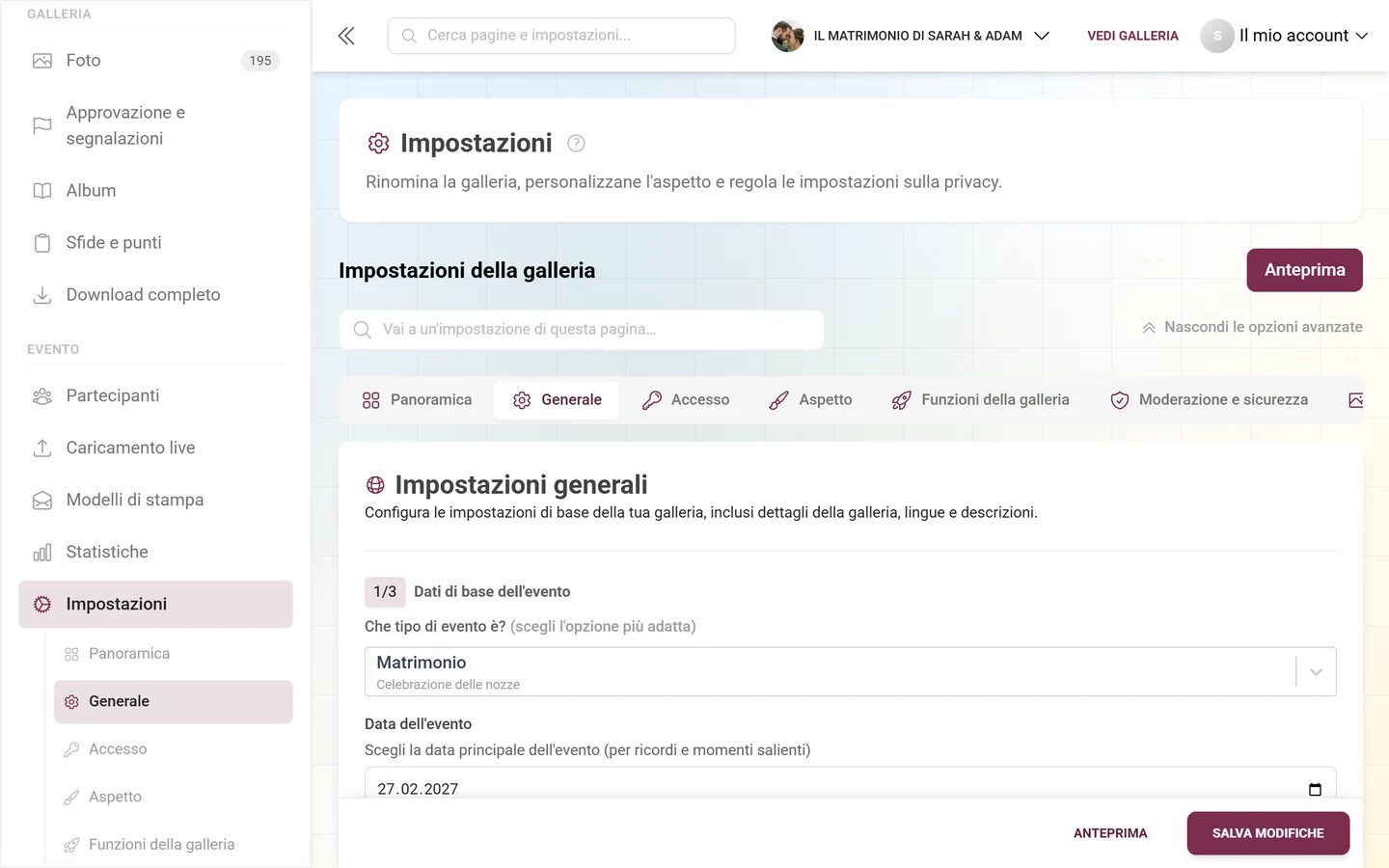 Sezione 3/3 Contenuto della galleria con selettore della lingua, titolo della galleria e descrizione