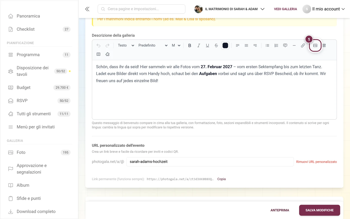 Editor della descrizione della galleria con il pulsante Inserisci immagine evidenziato