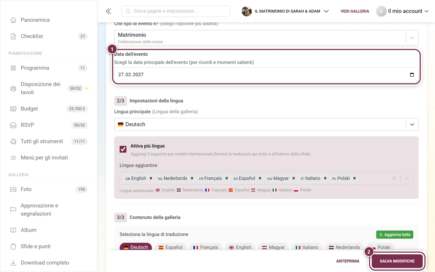 Campo Data dell'evento nelle impostazioni generali con evidenziazione e barra di salvataggio