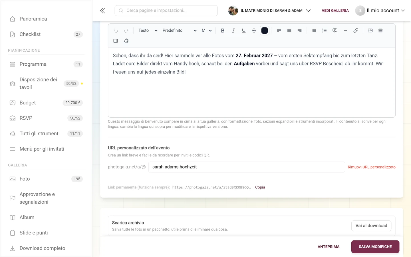 URL personalizzato dell'evento con campo di inserimento e link permanente sotto