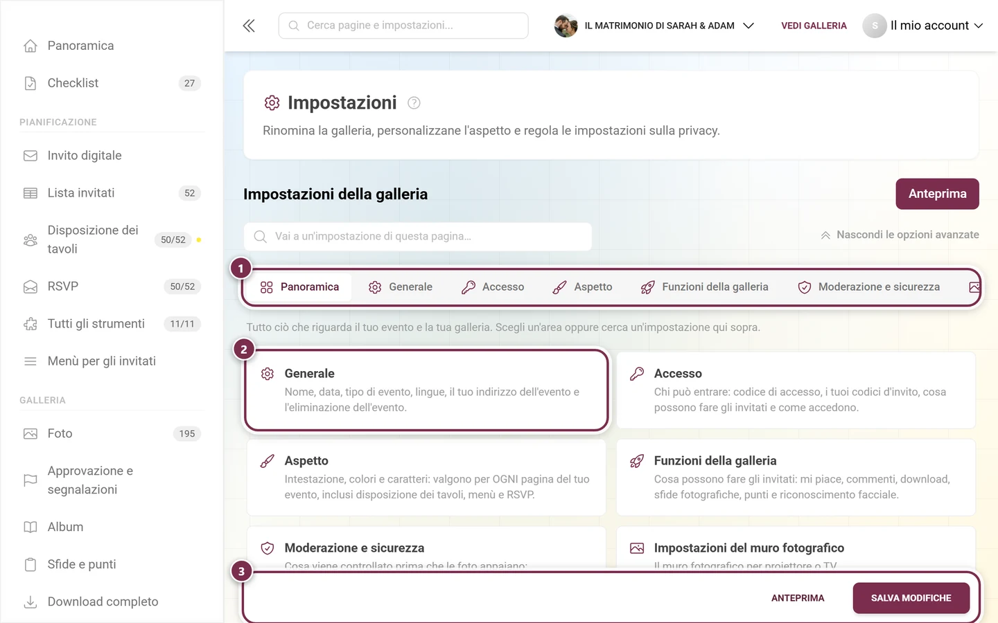 La scheda Panoramica delle impostazioni della galleria con un riquadro per ogni area