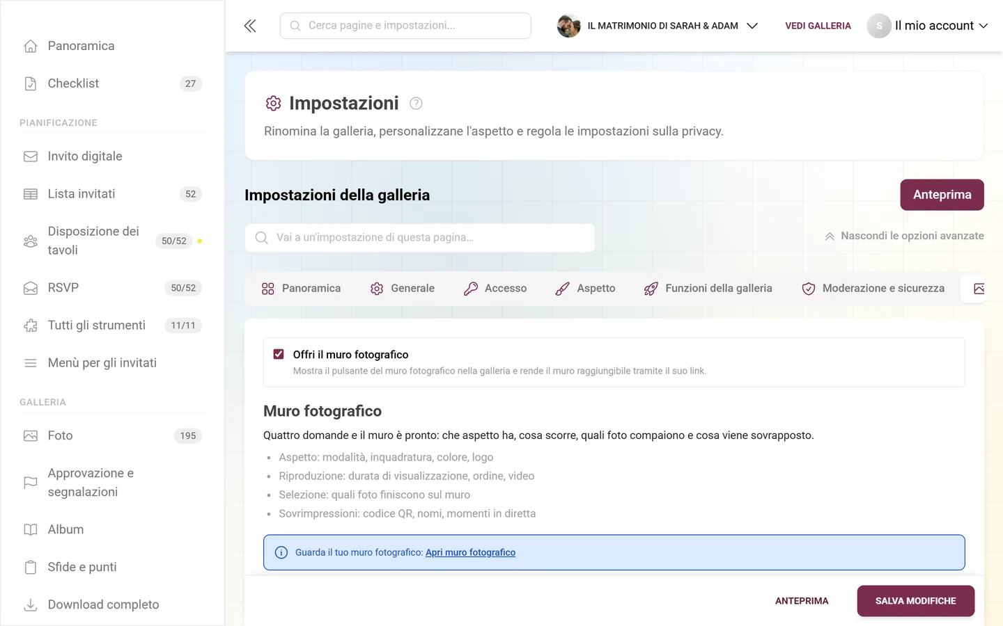 Le impostazioni del muro fotografico nell'area admin