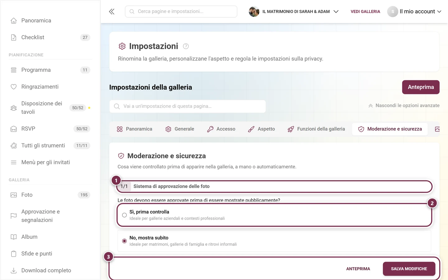 Scheda delle impostazioni Moderazione e sicurezza nell'area dell'organizzatore