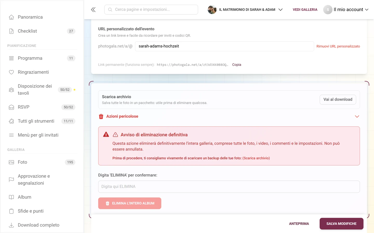 Zona pericolosa delle impostazioni dell'evento con le azioni di eliminazione