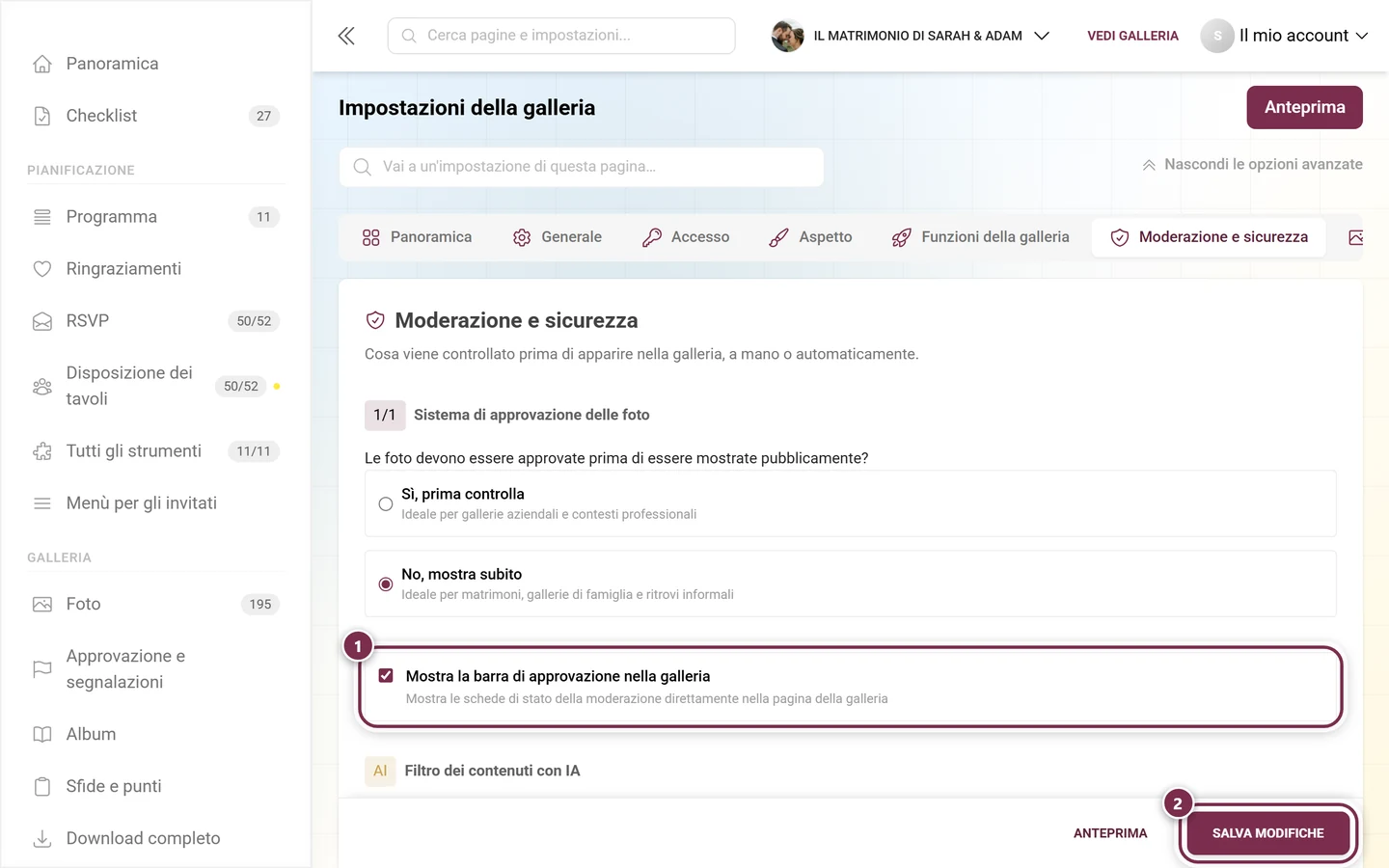 Scheda Mostra la barra di approvazione nella galleria con l'interruttore evidenziato e la barra di salvataggio