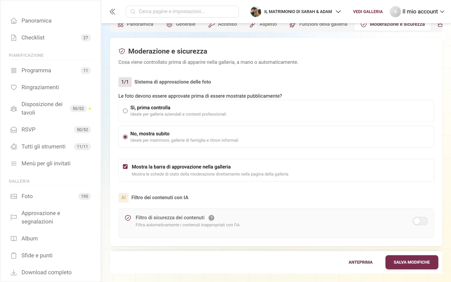 Scheda Filtro di sicurezza dei contenuti con distintivo AI e interruttore, sopra il Sistema di approvazione delle foto e la barra di approvazione