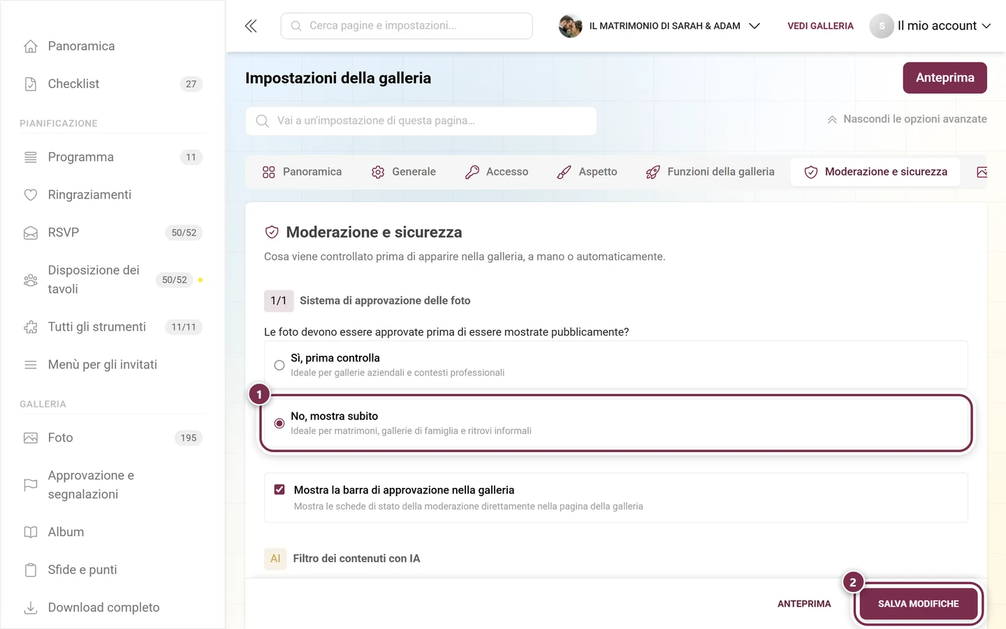 Impostazioni, scheda Moderazione e sicurezza, con la domanda sull'approvazione delle foto e la barra di salvataggio