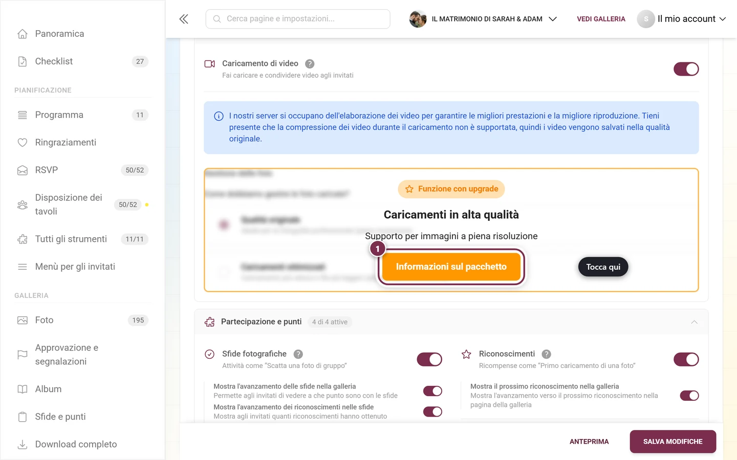 Blocco Gestione delle foto coperto da un avviso arancione di upgrade, con il pulsante evidenziato