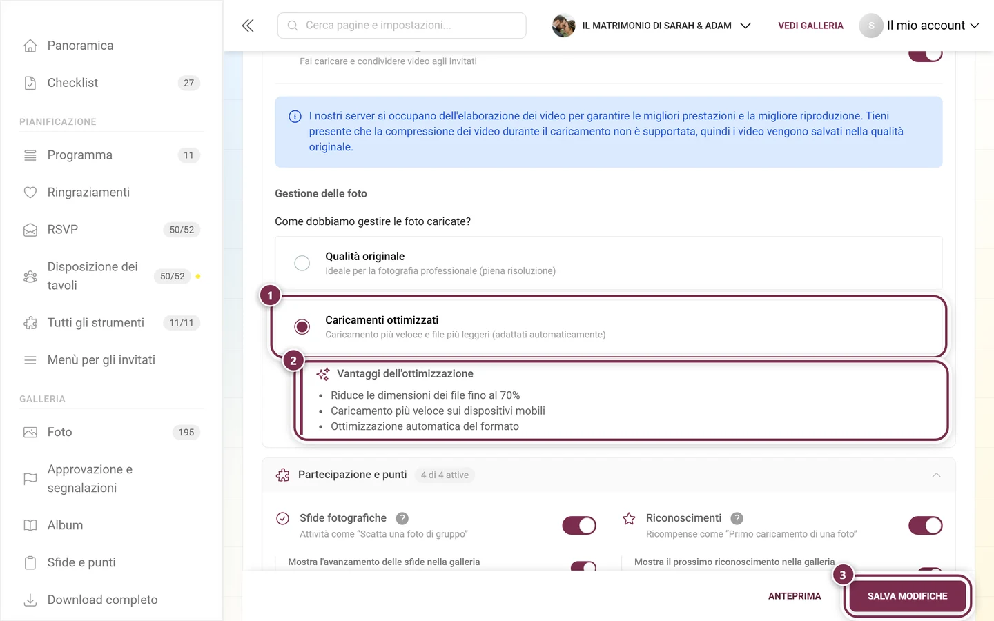 Caricamenti ottimizzati selezionato, sotto il riquadro Vantaggi dell'ottimizzazione, in basso la barra di salvataggio