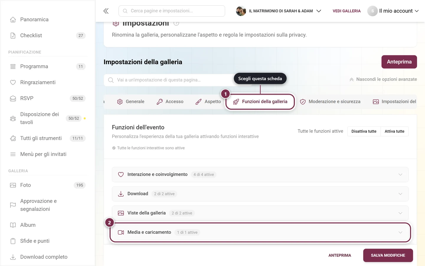 Scheda Funzionalità della galleria evidenziata e, sotto, la sezione Media e caricamento evidenziata
