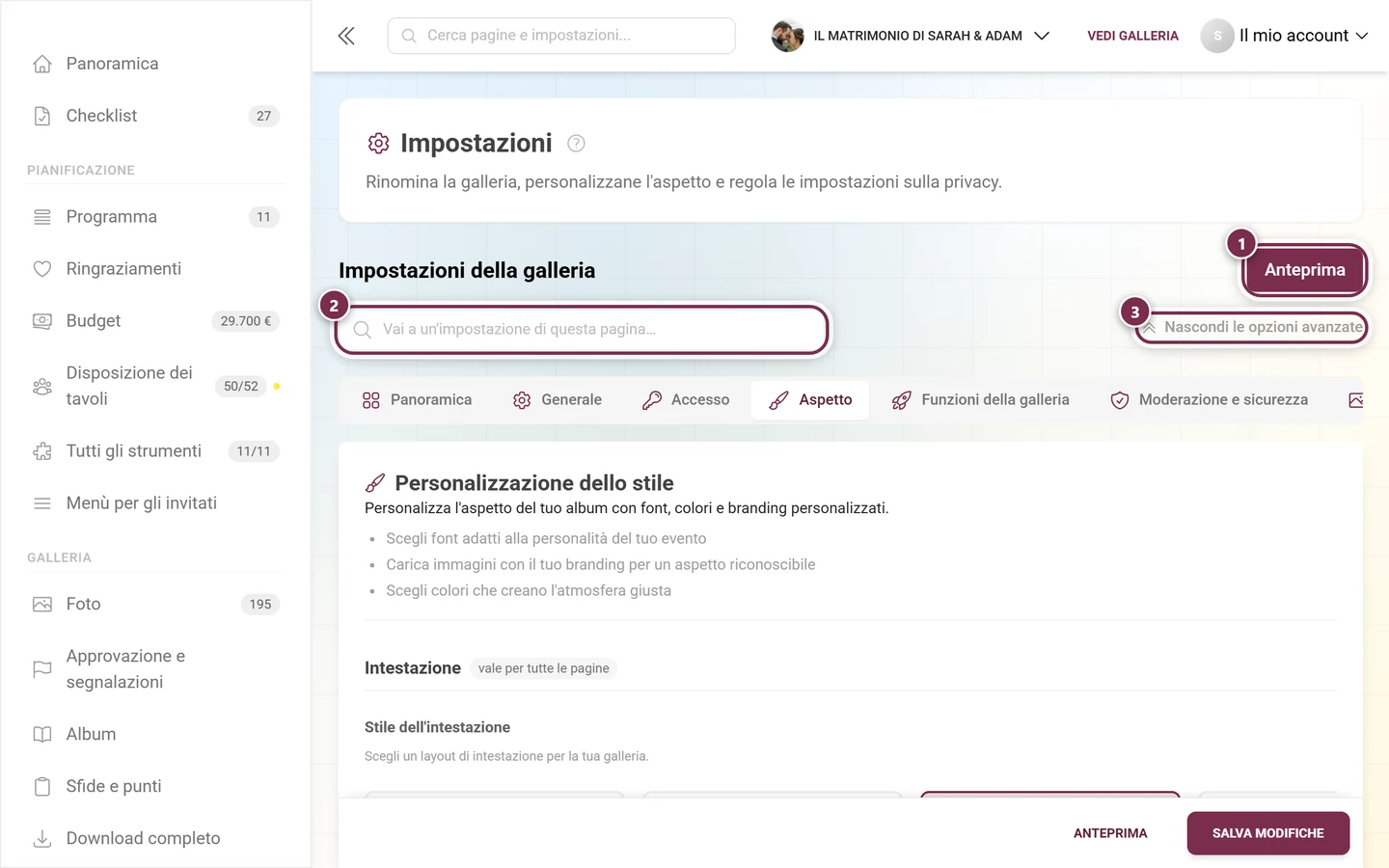 Impostazioni dell'aspetto con logo, colori e immagine di copertina