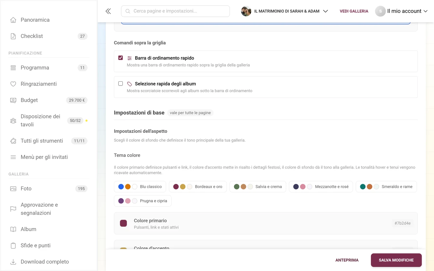 Blocco Impostazioni dell'aspetto con sei palette di colori e colore primario e d'accento
