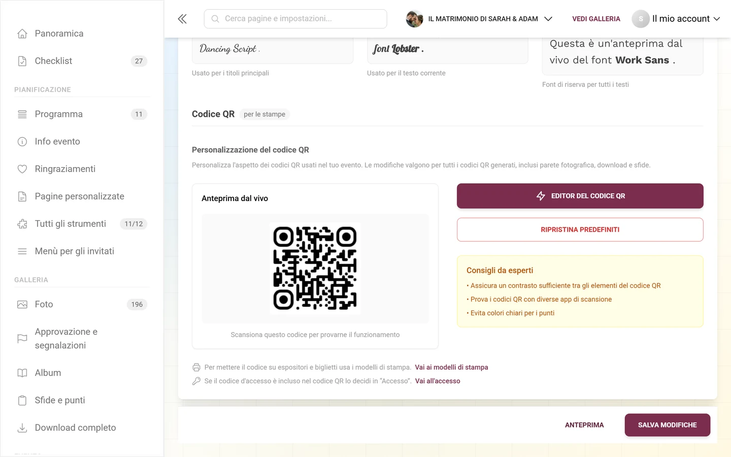 Blocco Personalizzazione del codice QR con anteprima dal vivo, pulsante Editor del codice QR e consigli