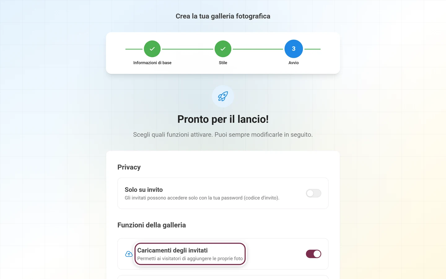 Passaggio dell'assistente Pronto per il lancio con l'elenco degli interruttori sotto Funzioni della galleria