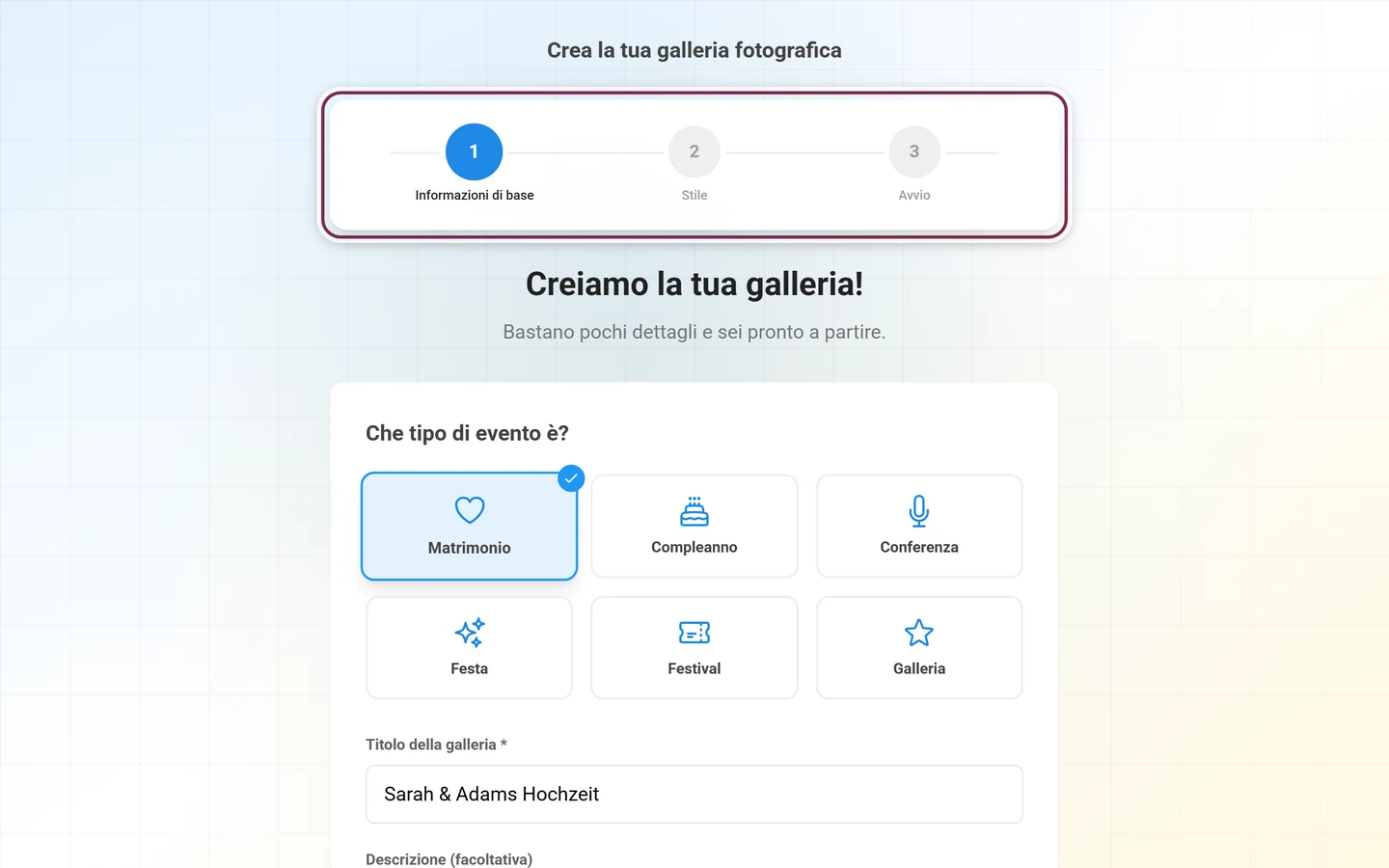 Schermata iniziale dell'assistente di configurazione con l'indicatore dei passaggi sopra il modulo