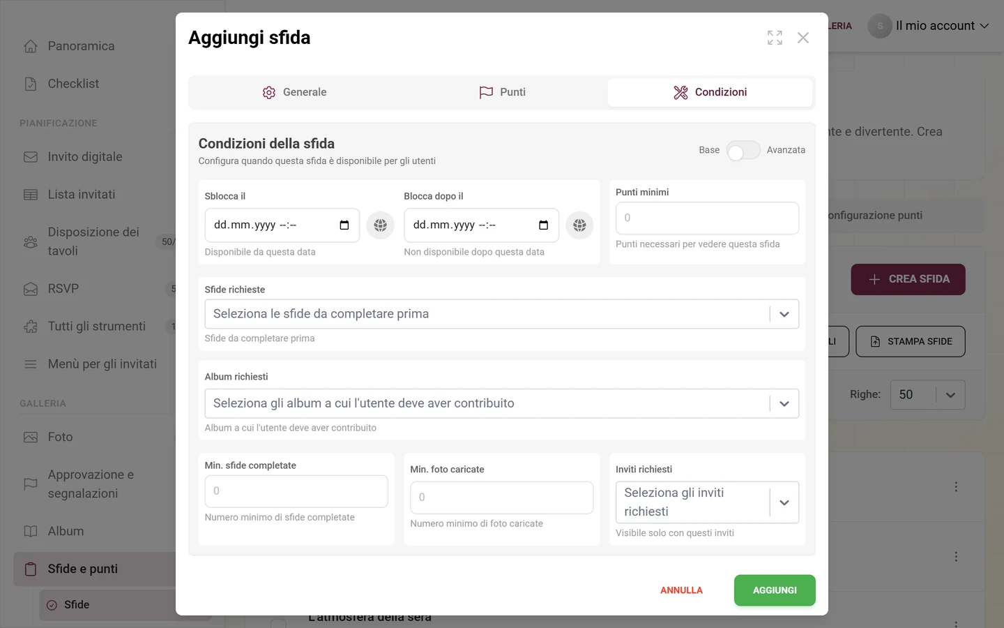 Scheda Condizioni nell'editor delle sfide con i selettori Base e Avanzata