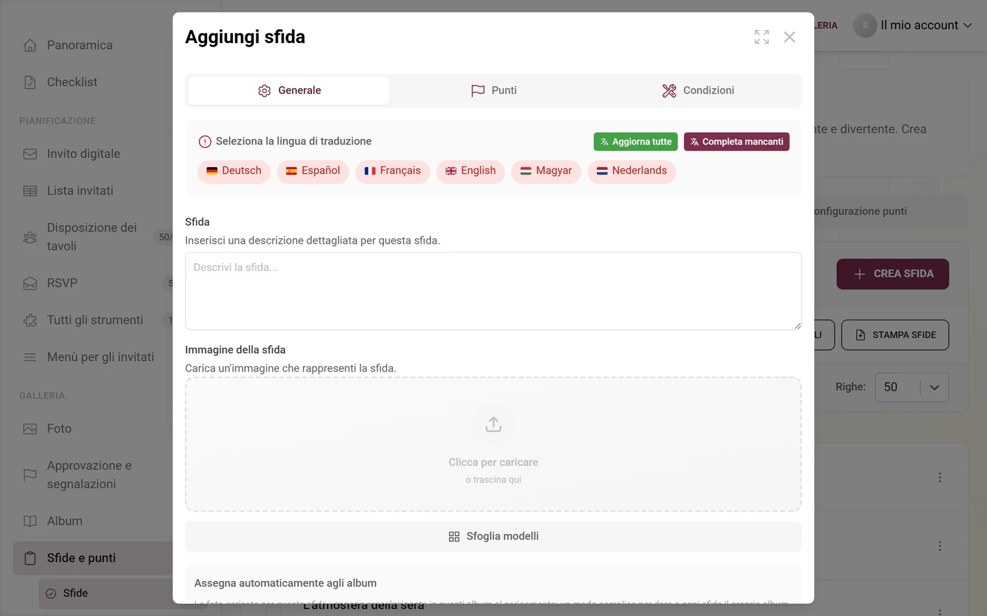 Editor delle sfide con campi per sfida, immagine di riferimento, punti e ordinamento