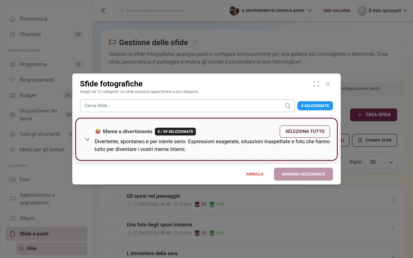 Finestra Sfide fotografiche con campo di ricerca e la prima riga di categoria evidenziata in rosso