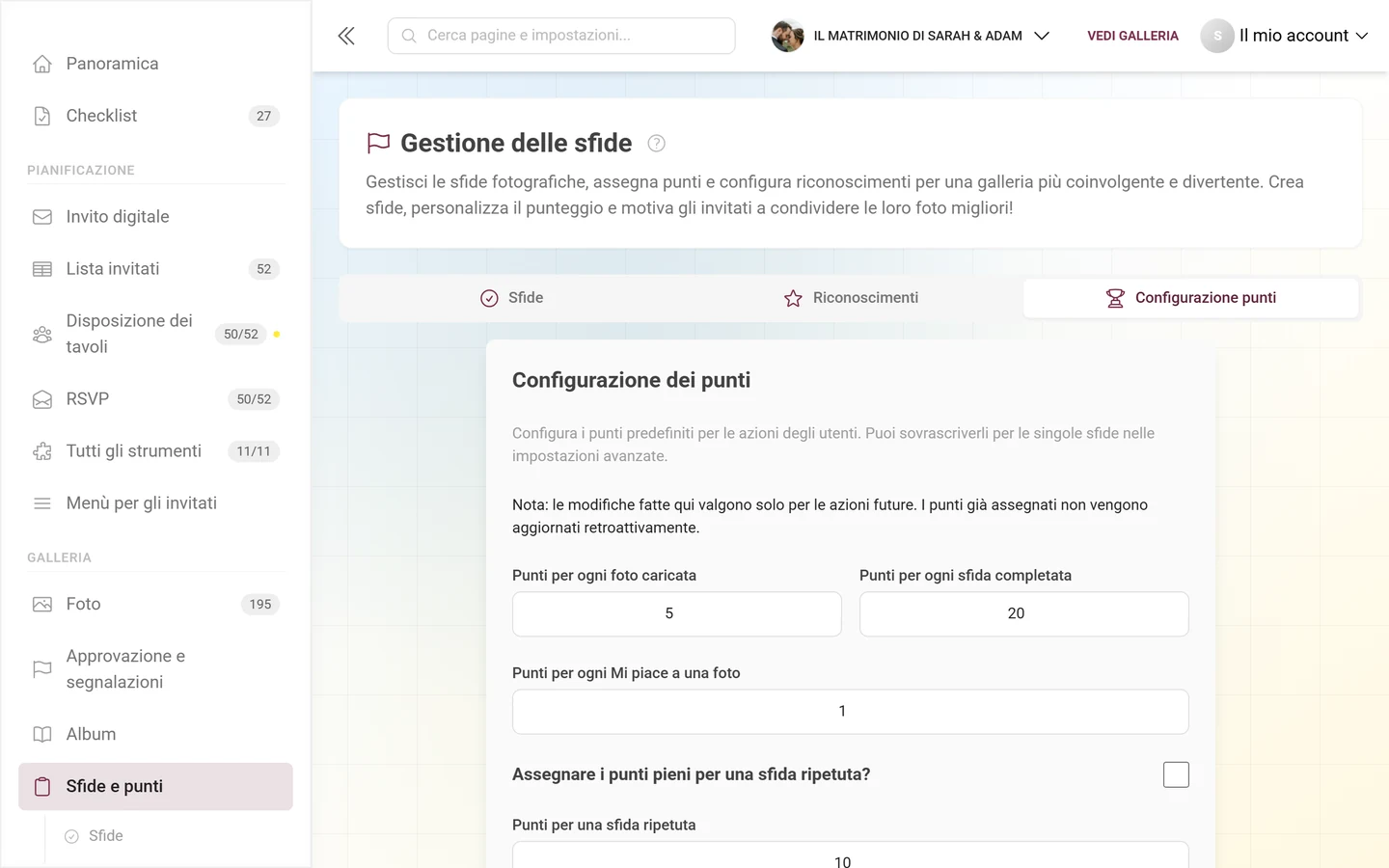 Scheda Configurazione punti con i valori dei punti per ogni azione